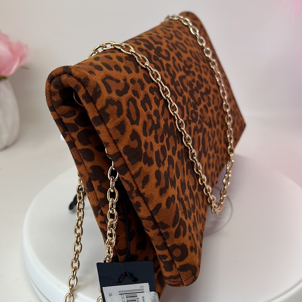 La Regale Italian Brand Crossbody Fold Over Animal Print Clutch Gold Tone Chain - Picture 2 of 6
